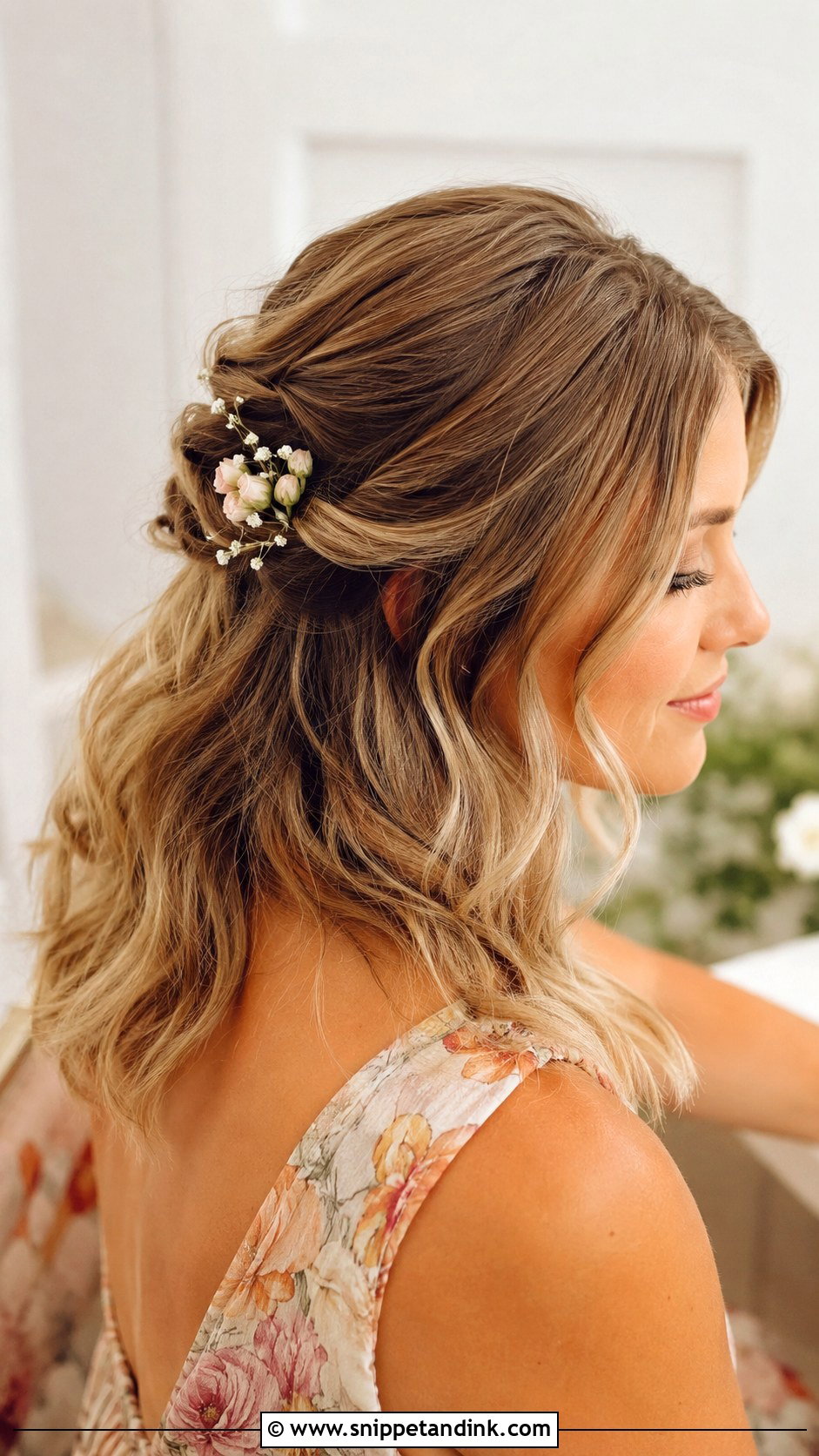 Shoulder Length Bridesmaid Hair With Floral Pins - Snippet and Ink - 25 Shoulder Length Bridesmaid Hair Ideas
