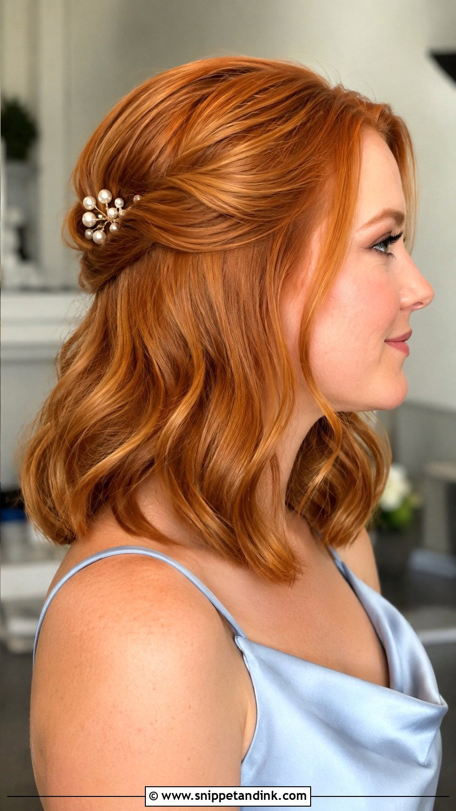 Shoulder Length Bridesmaid Hair With Pearl Pins - Snippet and Ink - 25 Shoulder Length Bridesmaid Hair Ideas