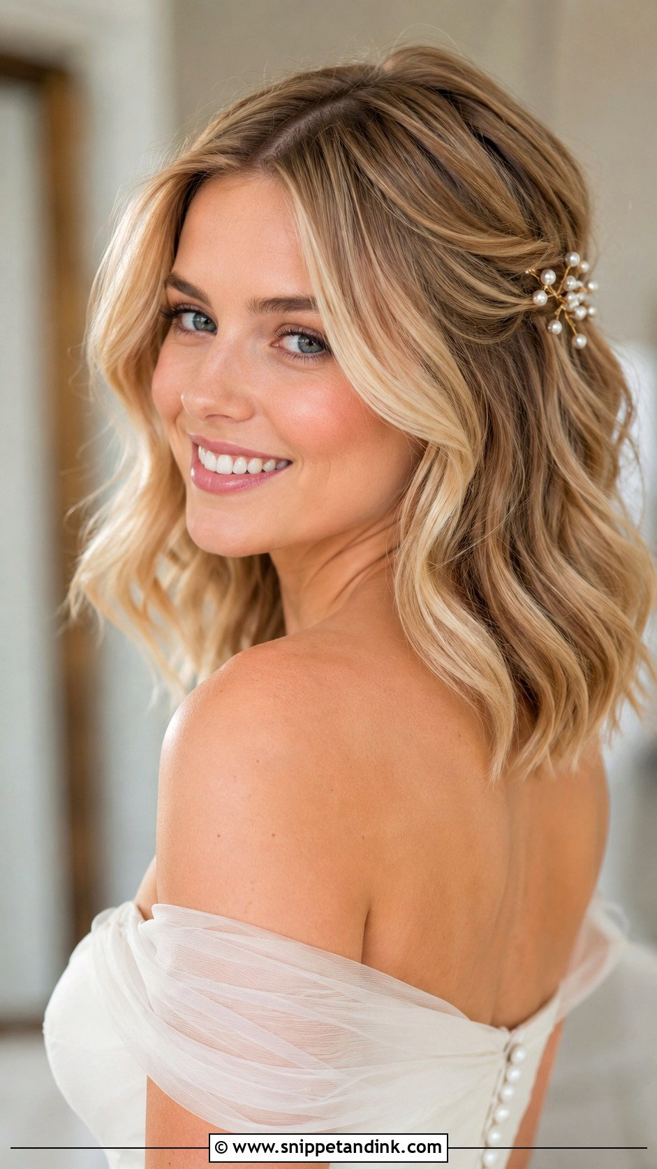 Shoulder Length Half Up Bridal Hair - Snippet and Ink - 15 Shoulder Length Hair Bride Ideas