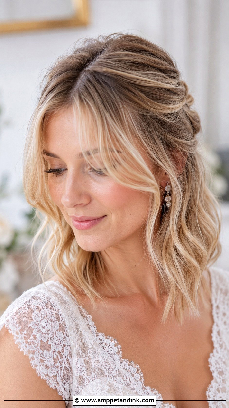 Shoulder Length Half Up Half Down Wedding Hair With Curtain Bangs - Snippet and Ink - 15 Shoulder Length Half-Up Half-Down Wedding Hairstyles