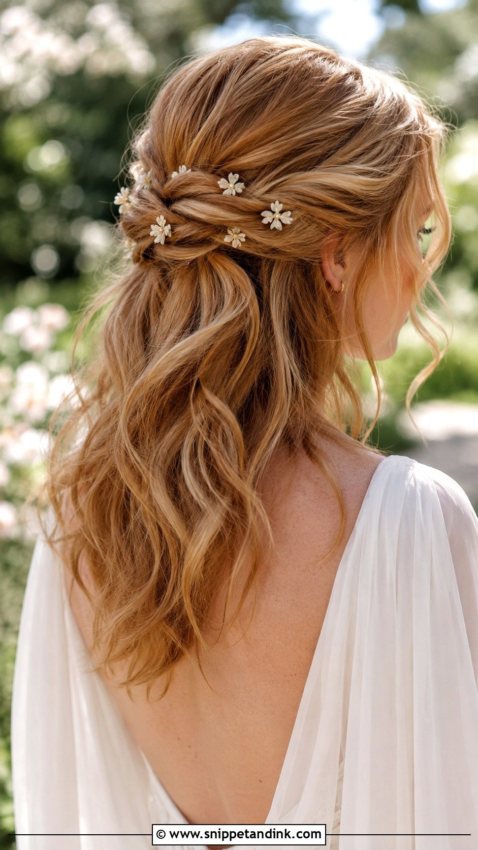 Shoulder Length Half Up Half Down Wedding Hair With Flower Pins - Snippet and Ink - 15 Shoulder Length Half-Up Half-Down Wedding Hairstyles