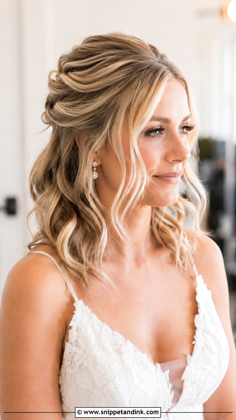 Shoulder Length Half Up Half Down Wedding Hair With Loose Waves - Snippet and Ink - 15 Shoulder Length Half-Up Half-Down Wedding Hairstyles