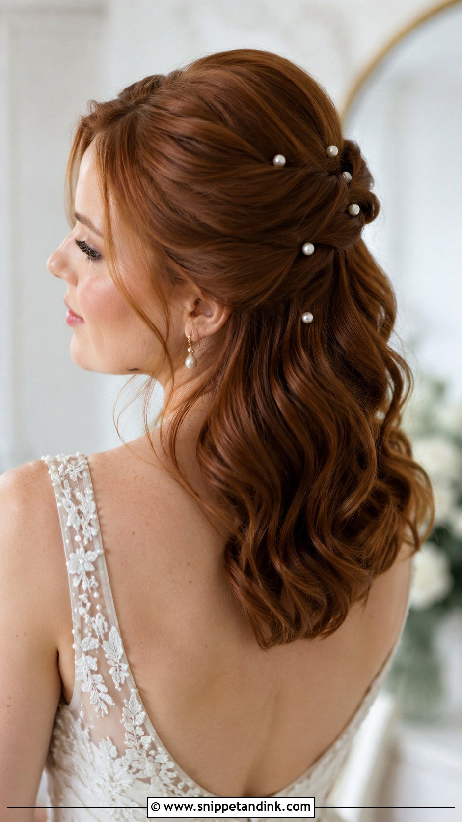 Shoulder Length Half Up Half Down Wedding Hair With Pearl Pins - Snippet and Ink - 15 Shoulder Length Half-Up Half-Down Wedding Hairstyles