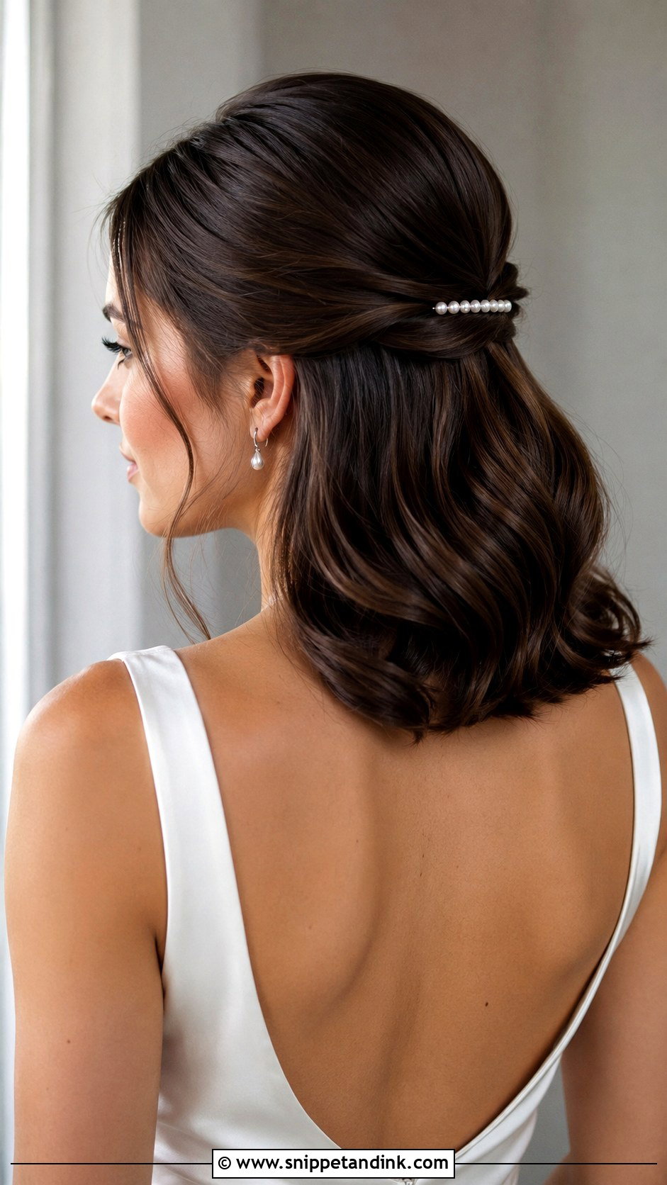 Shoulder Length Half Up Half Down Wedding Hair With Sleek Waves - Snippet and Ink - 15 Shoulder Length Half-Up Half-Down Wedding Hairstyles