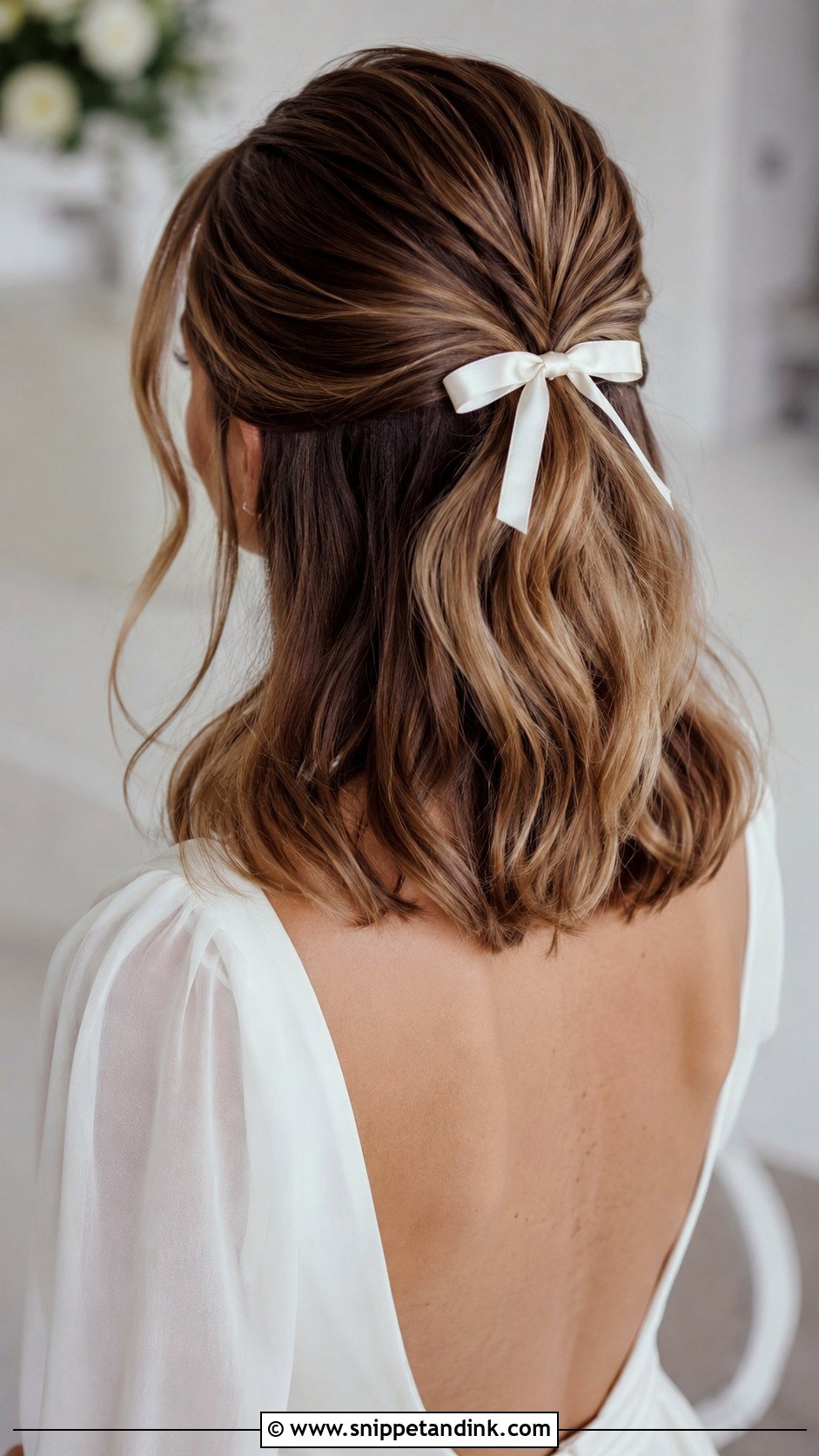 Shoulder Length Half Up Wedding Hair With A Bow - Snippet and Ink - 15 Short Hair Shoulder Length Half-Up Half-Down Wedding Hairstyles