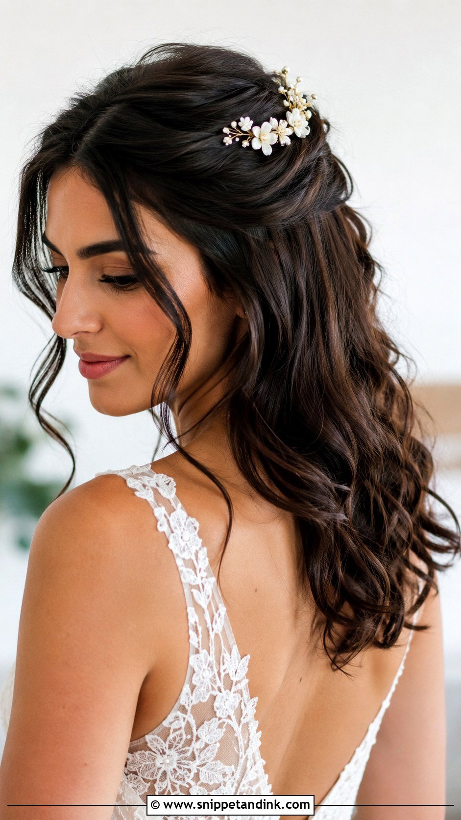Shoulder Length Half Up Wedding Hair With A Floral Comb - Snippet and Ink - 15 Short Hair Shoulder Length Half-Up Half-Down Wedding Hairstyles