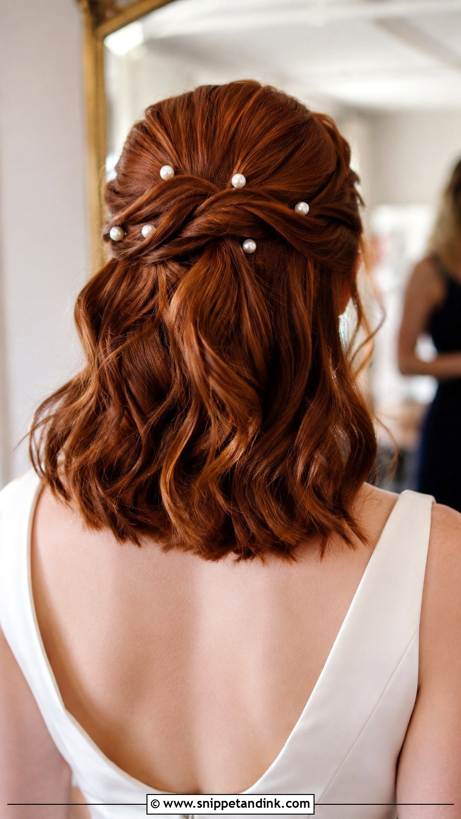Shoulder Length Half Up Wedding Hair With Pearl Pins - Snippet and Ink - 15 Short Hair Shoulder Length Half-Up Half-Down Wedding Hairstyles