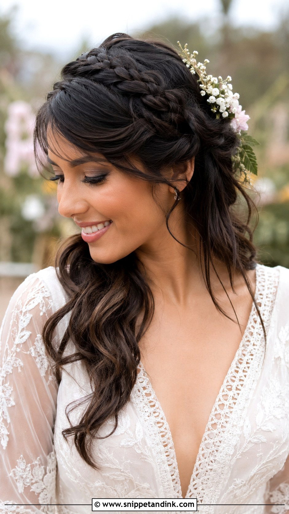 Side Bangs With Braided Crown - Snippet and Ink - 30 Wedding Hair with Bangs Ideas