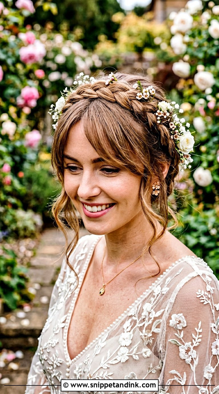 Side Bangs With Braided Crown - Snippet and Ink - 20 Bridal Hair Bangs Ideas