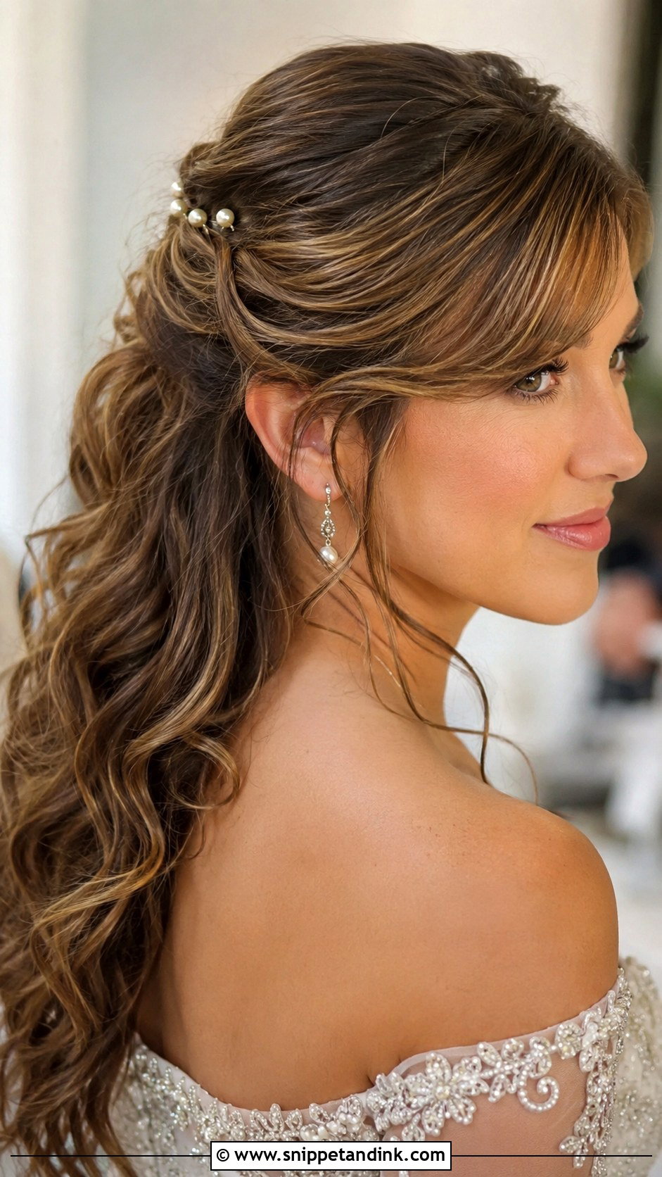 Side Bangs With Half Up Curls - Snippet and Ink - 30 Bridal Hair with Bangs Ideas