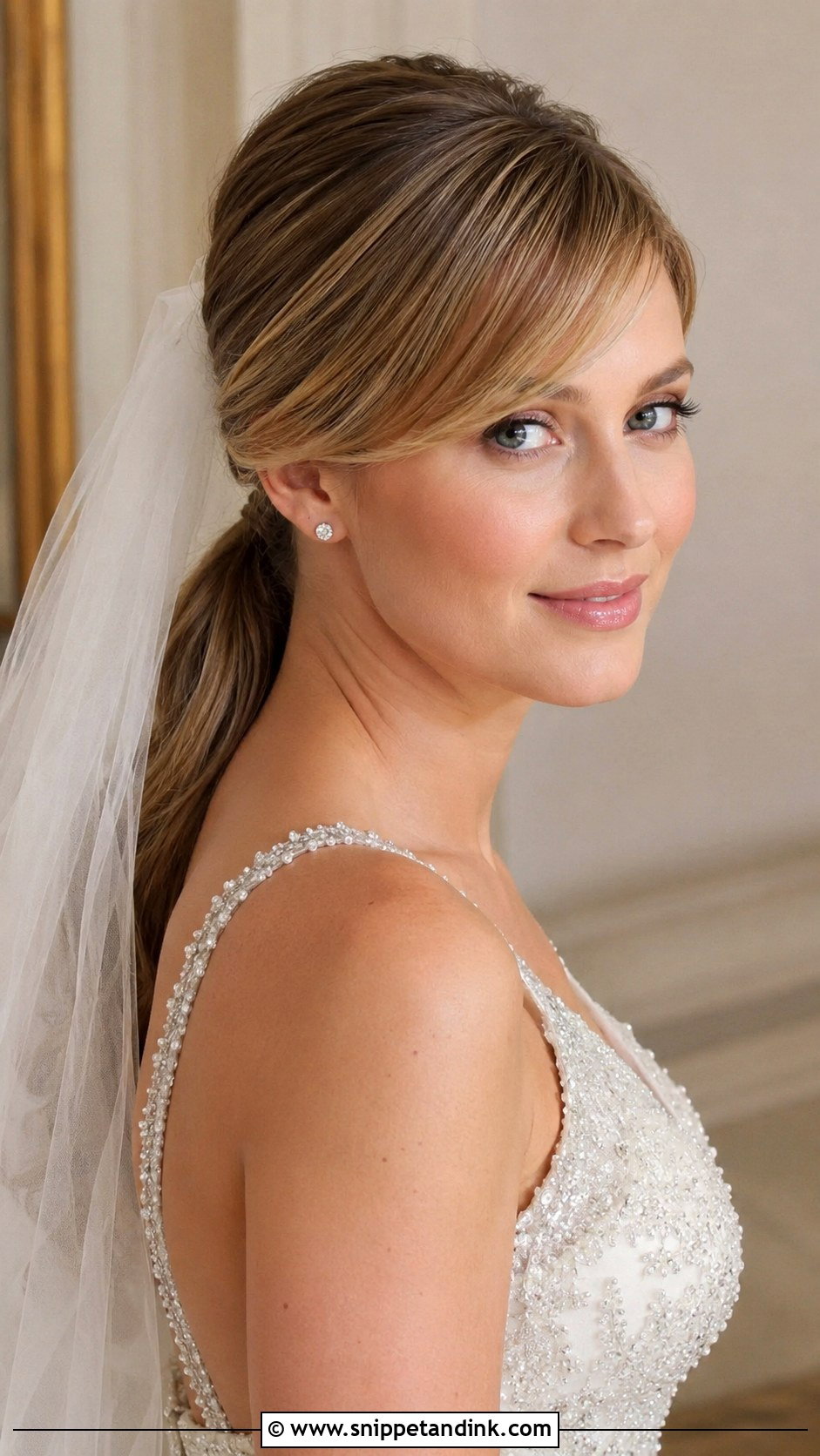 Side Bangs With Low Ponytail - Snippet and Ink - 25 Bride Hairstyles with Bangs