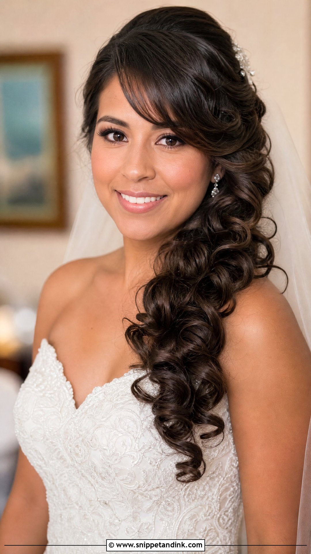 Side Bangs With Romantic Curls - Snippet and Ink - 30 Wedding Hair with Bangs Ideas
