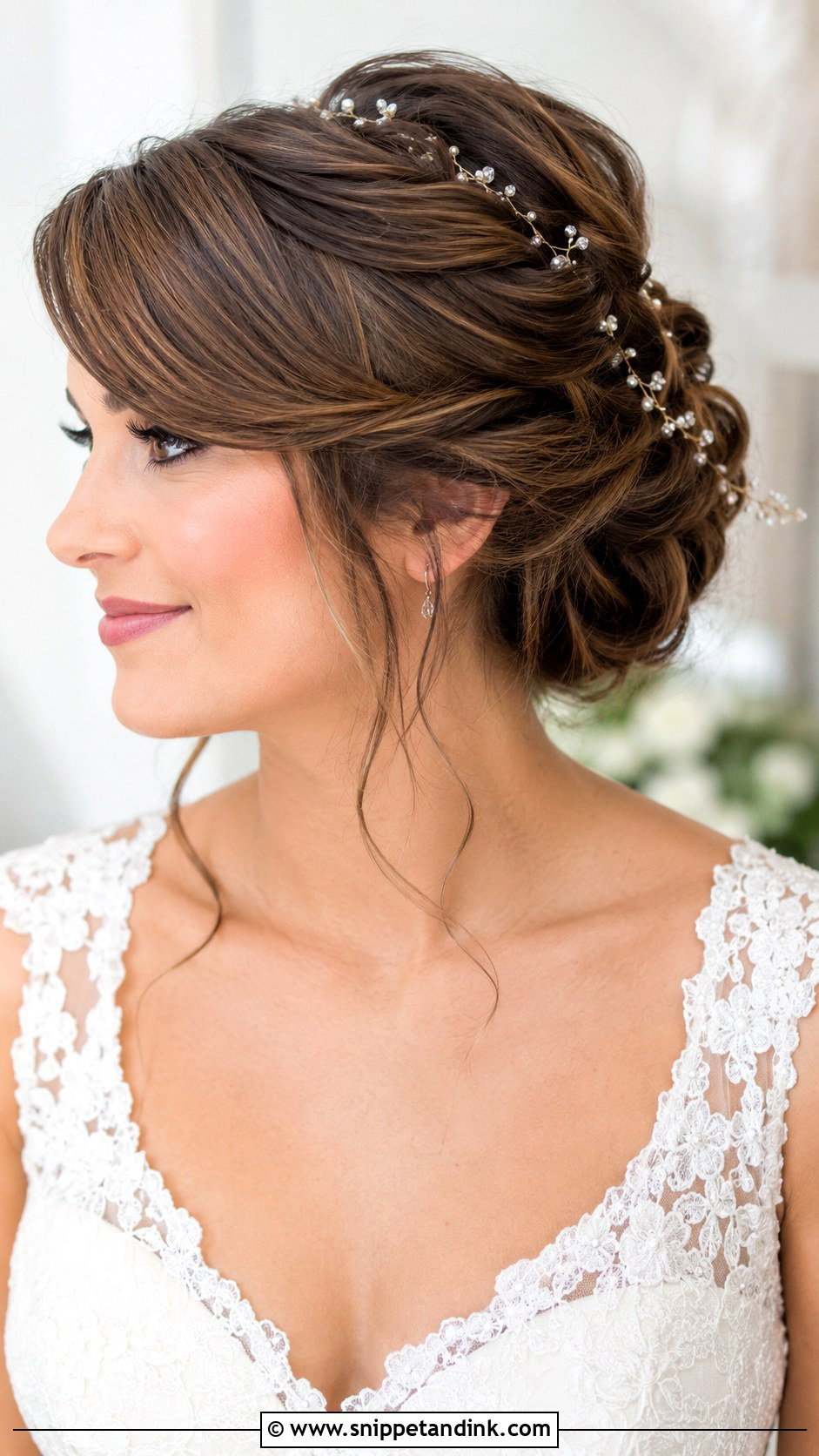 Side Bangs With Twisted Updo - Snippet and Ink - 30 Bridal Hair with Bangs Ideas