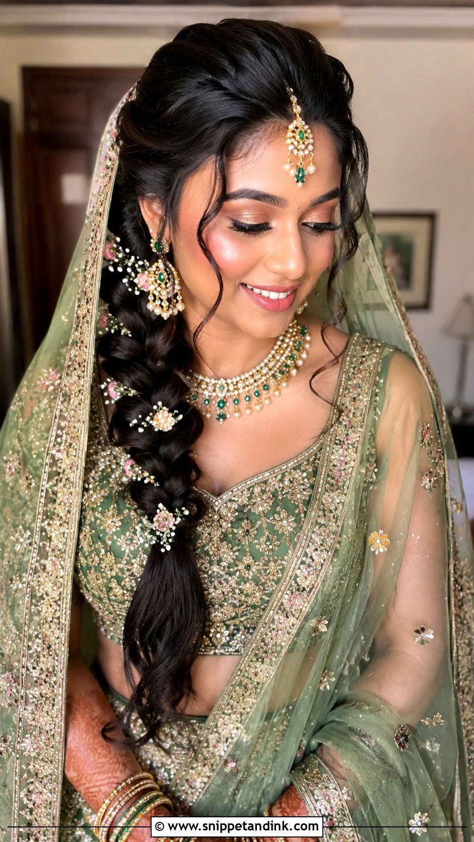 Side Braid Bridal Hairstyle With Dupatta - Snippet and Ink - 20 Indian Bridal Hairstyles with Dupatta