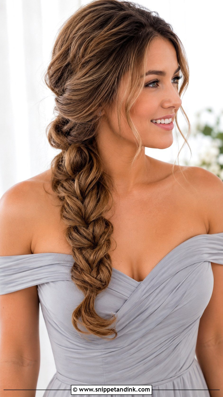 Side Braid Bridesmaid Hairstyle With Off Shoulder Dress - Snippet and Ink - 20 Bridesmaid Hairstyles with Off Shoulder Dress