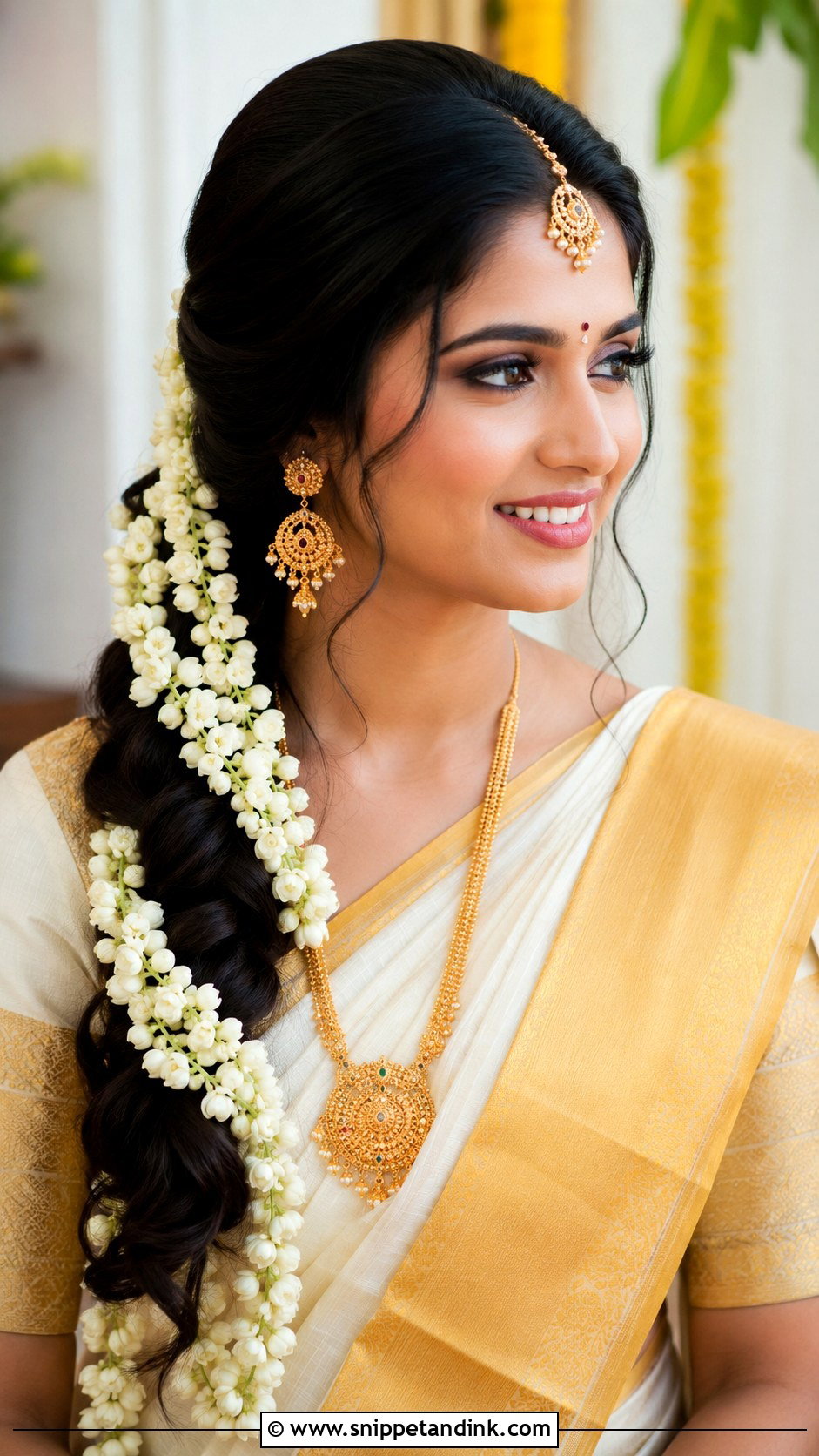 Side Braid Draped with Jasmine - Snippet and Ink - 25 Kerala Hindu Bridal Hairstyles