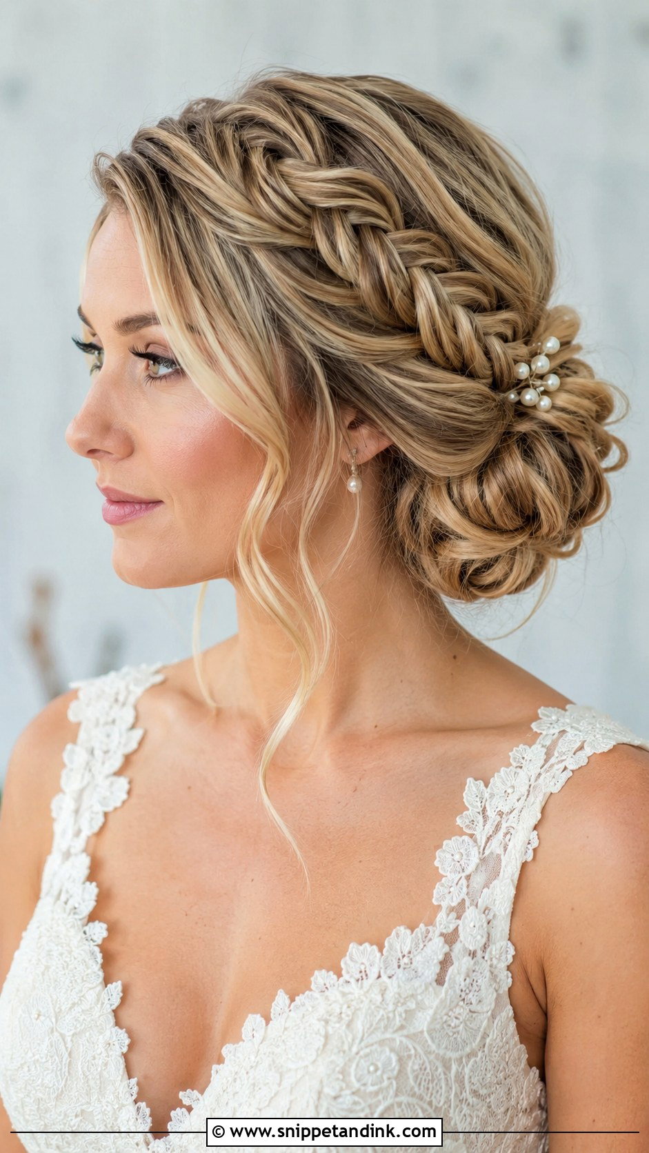 Side Braid Low Bun Wedding Hair - Snippet and Ink - 15 Low Bun with Braid Wedding Hair Ideas