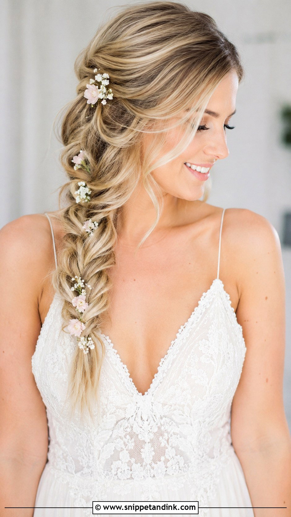 Side Braid Pinned Over One Shoulder - Snippet and Ink - 25 One Side Pinned Back Wedding Hair Ideas