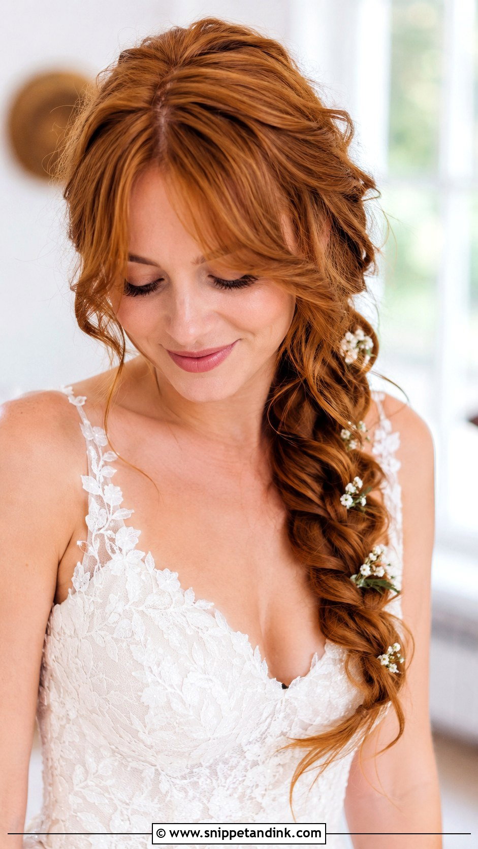 Side Braid With Curtain Bangs - Snippet and Ink - 20 Side Braid Wedding Ideas