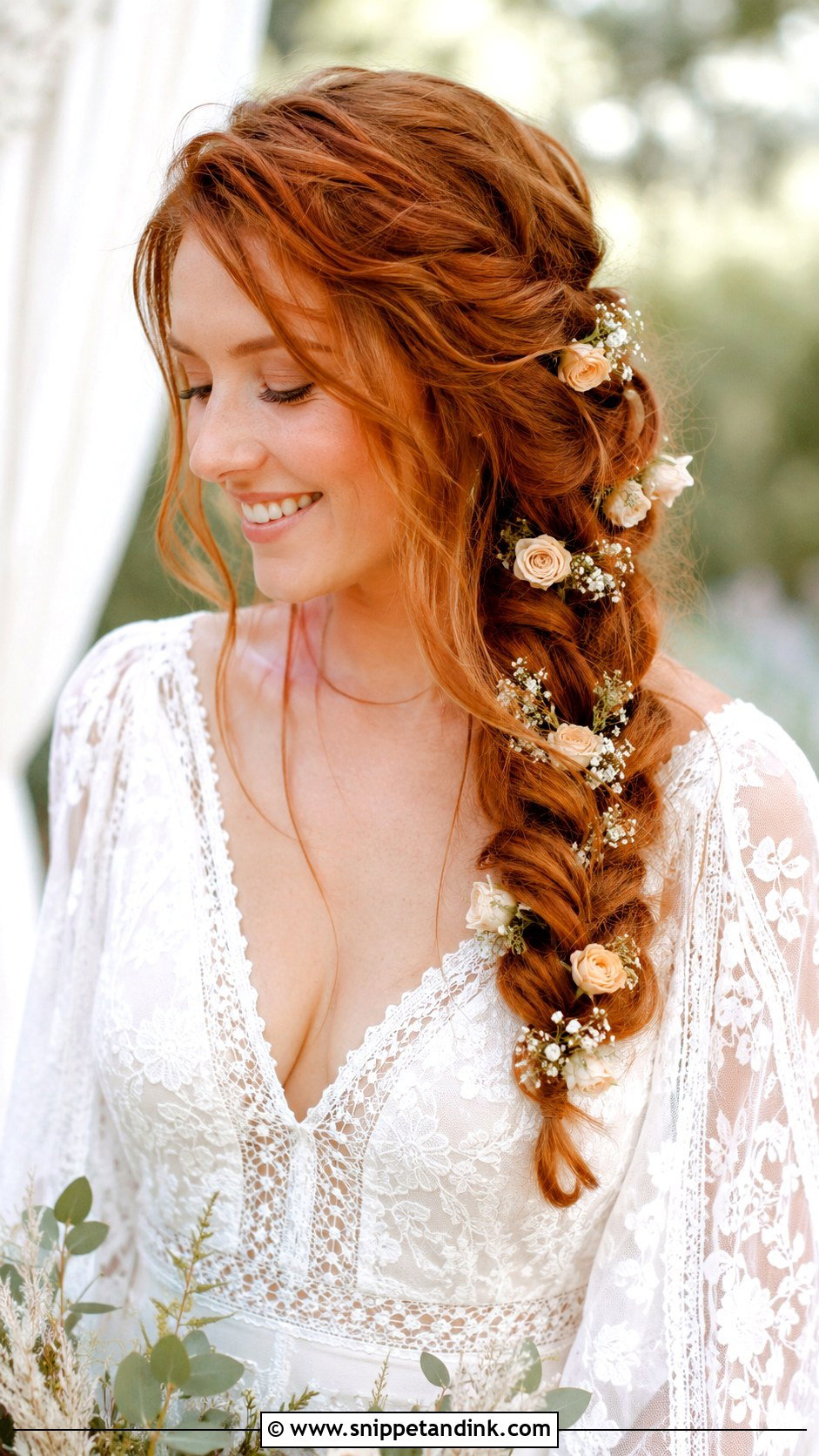 Side Braid With Flowers - Snippet and Ink - 20 Bridal Hair with Flower Crown Ideas