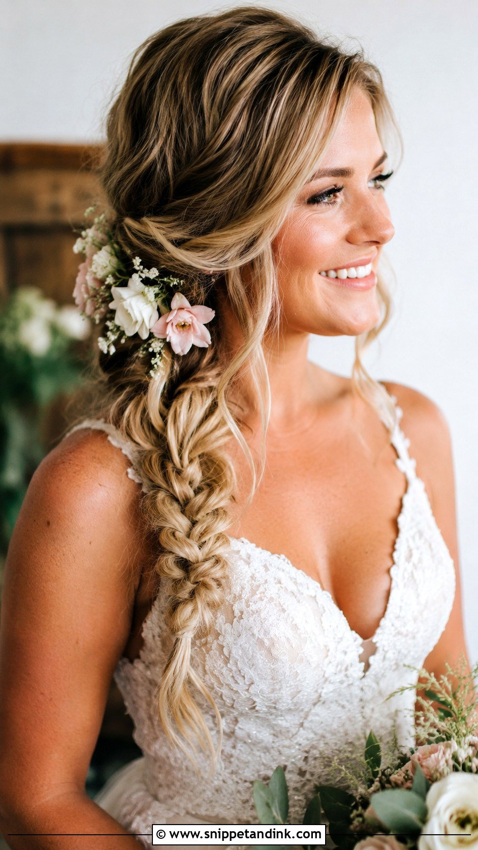 Side Braid With Flowers - Snippet and Ink - 25 Long Bridal Hair Ideas