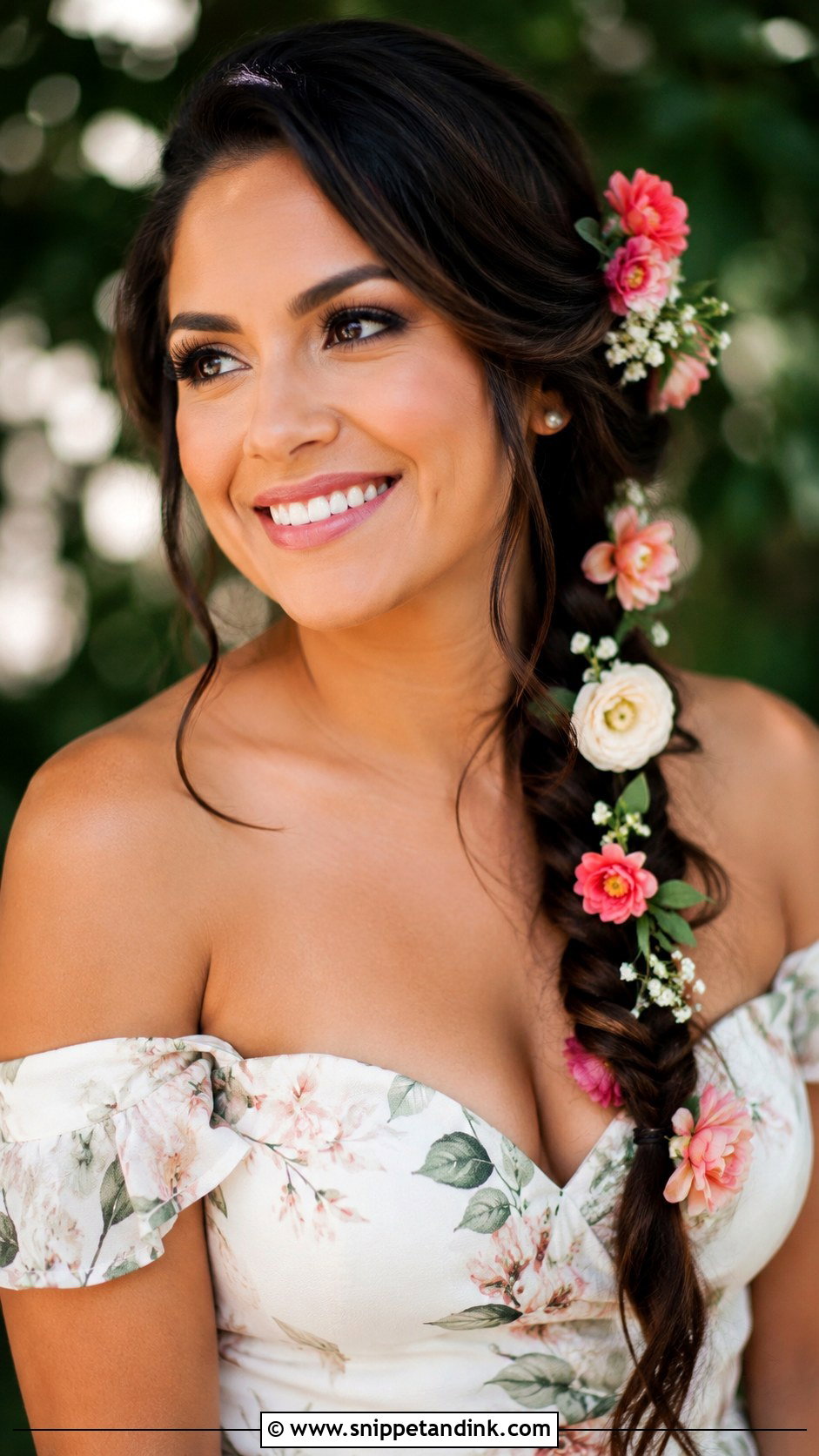 Side Braid With Flowers - Snippet and Ink - 30 Hairstyles for Engagement Bride