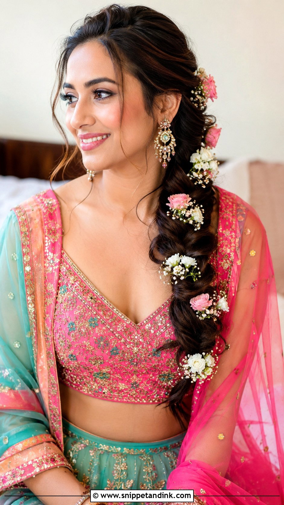 Side Braid With Flowers for Sangeet - Snippet and Ink - 25 Hindu Bride Hairstyle Ideas