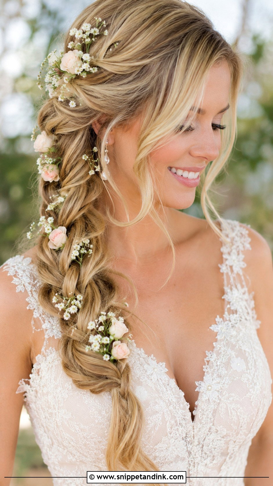 Side Braid With Flowers for Wedding - Snippet and Ink - 20 Side Braid Hairstyles for Wedding