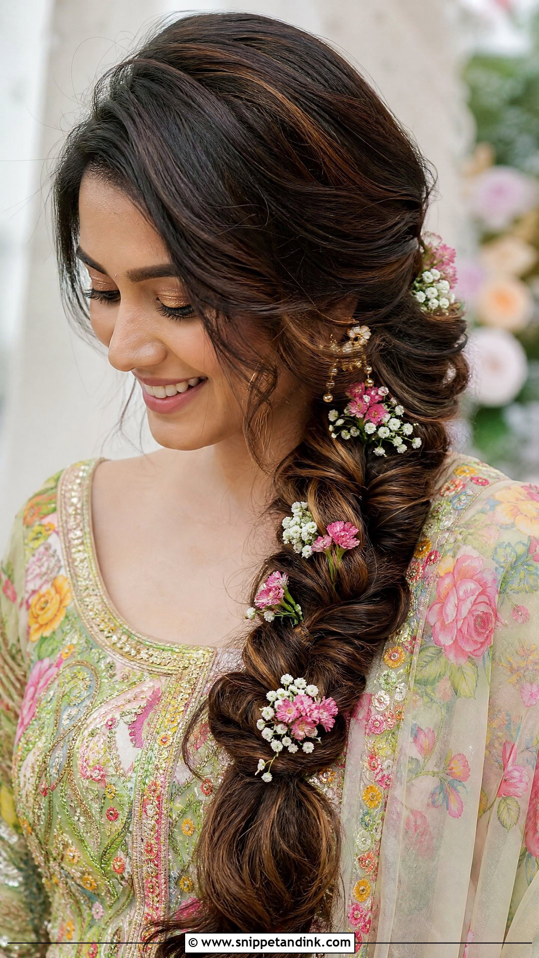 Side Braid With Flowers - Snippet and Ink - 15 Easy Hairstyles for Indian Wedding
