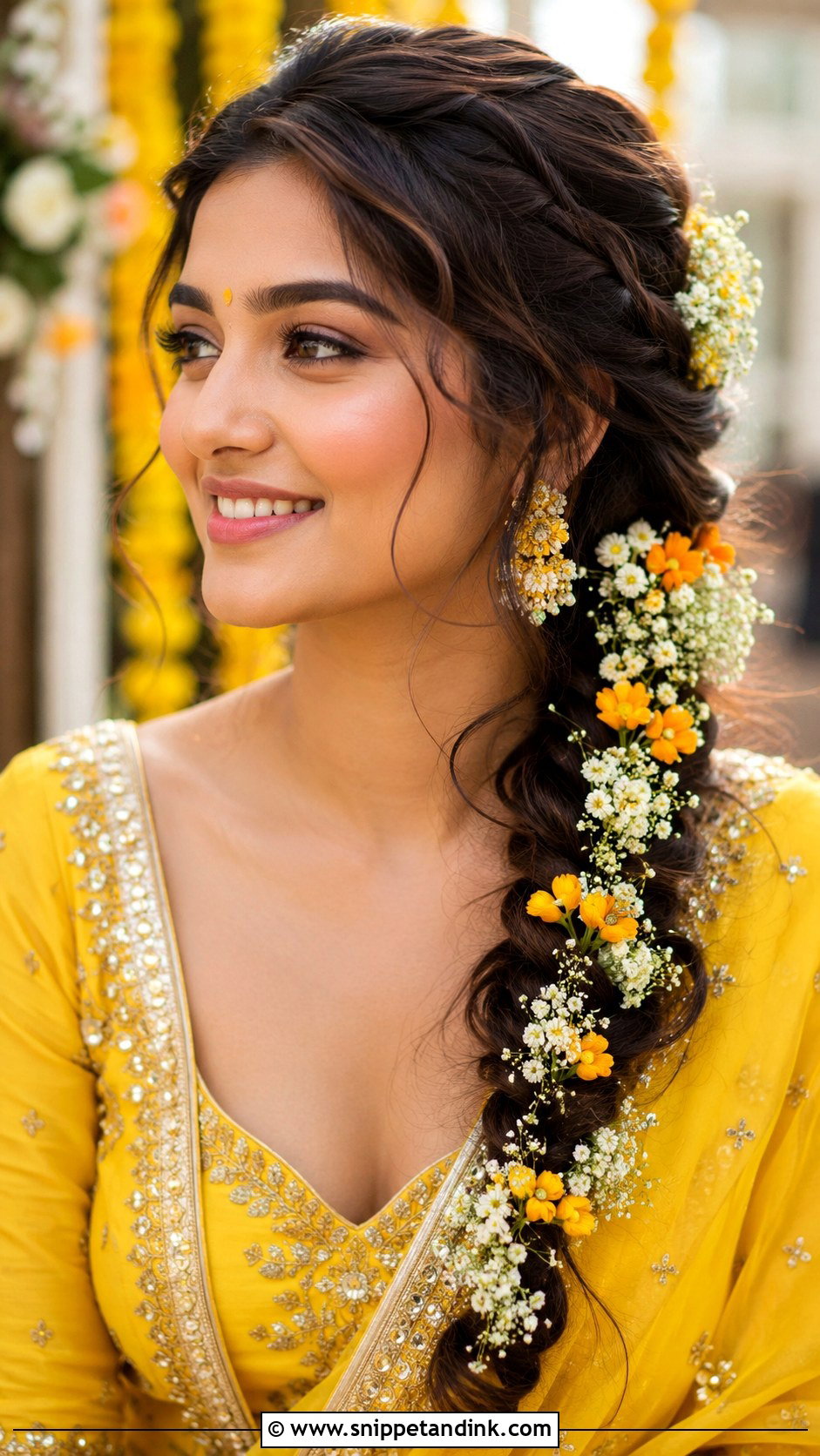 Side Braid With Fresh Flowers - Snippet and Ink - 30 Indian Hairstyle for Wedding Ideas