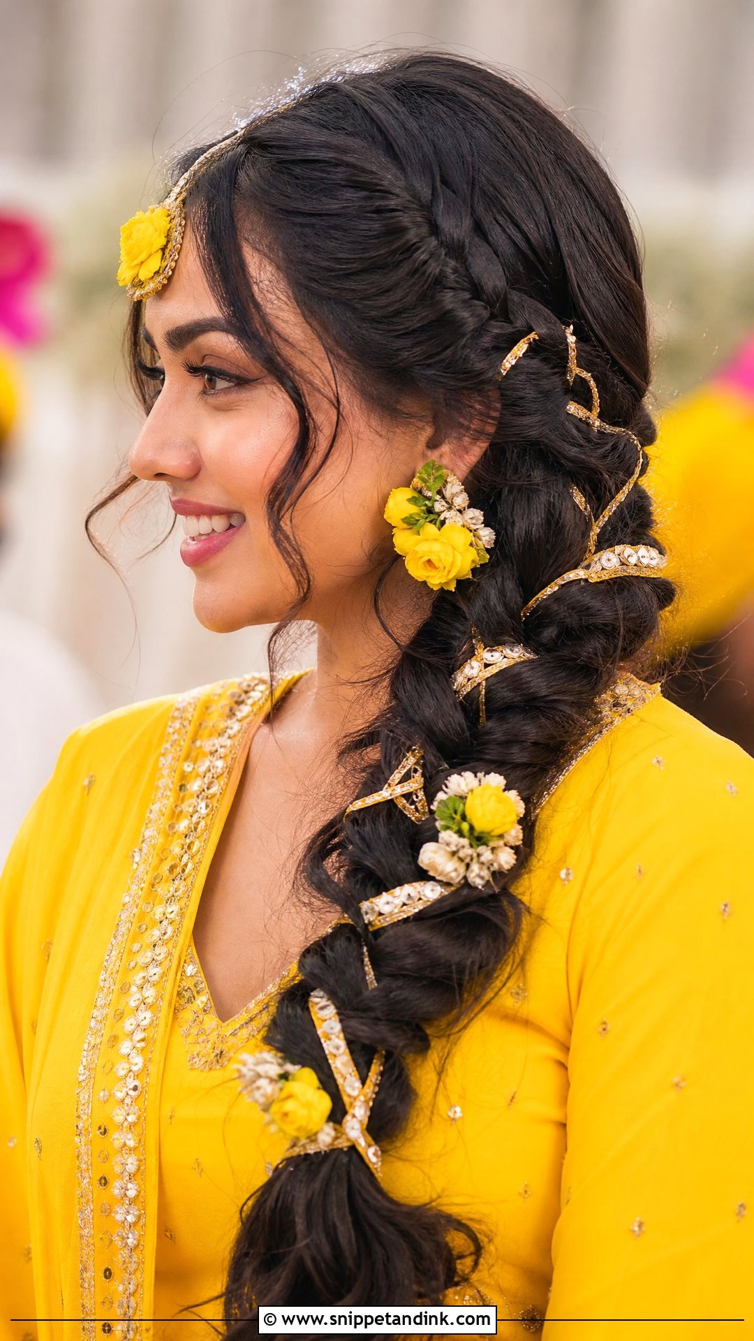 Side Braid With Gota Ribbon - Snippet and Ink - 20 Haldi Bridal Hairstyle Ideas