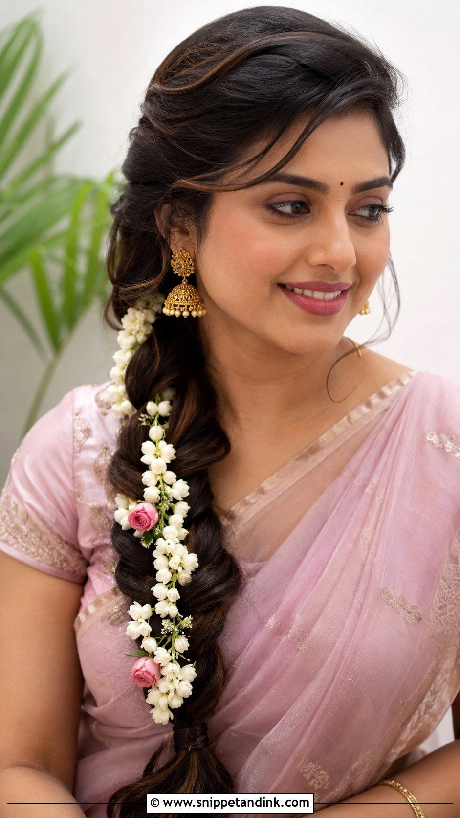 Side Braid With Jasmine Strings - Snippet and Ink - 20 Valaikappu Hairstyles