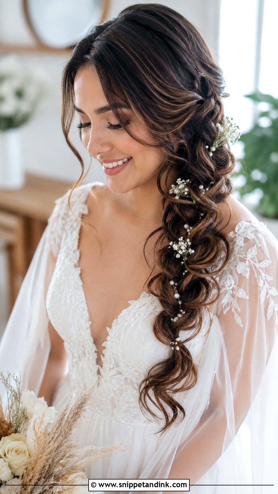Side Braid With Loose Curls - Snippet and Ink - 25 Bridal Hairstyles for Round Face