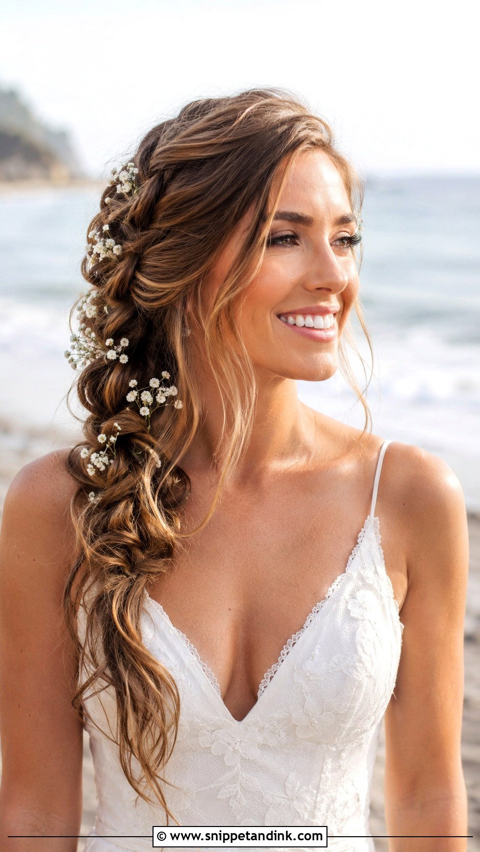 Side Braid With Loose Waves - Snippet and Ink - 30 Beach Wedding Hair Ideas