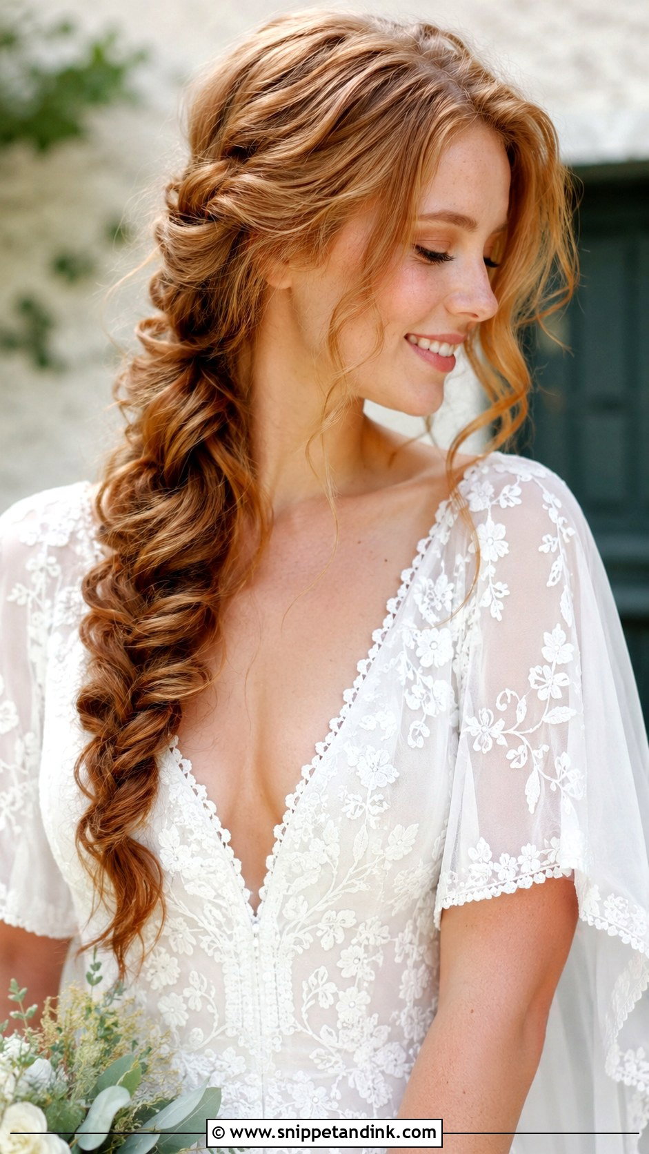 Side Braid With Loose Waves - Snippet and Ink - 20 Bridal Hairstyle for Big Forehead Ideas