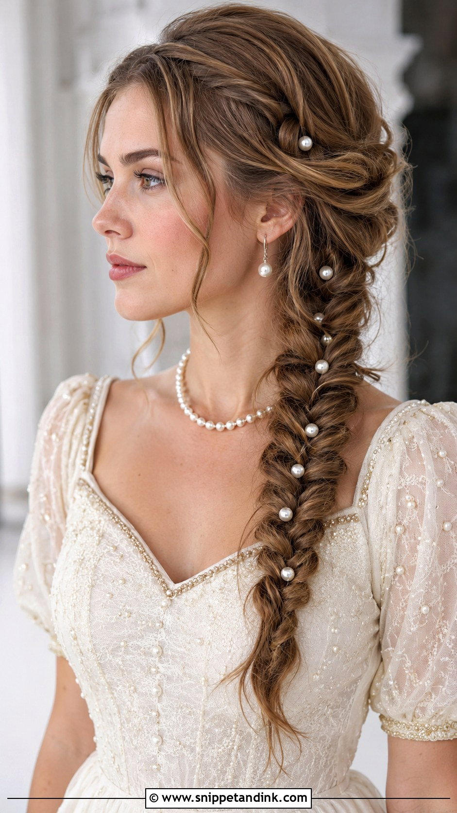 Side Braid With Pearl Pins - Snippet and Ink - 20 Bridal Side Braid Ideas
