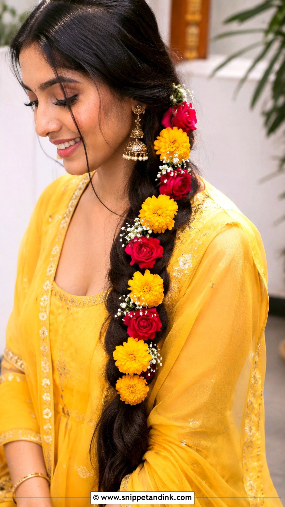 Side Braid With Trailing Flowers - Snippet and Ink - 20 Haldi Braid Hairstyles for Bride