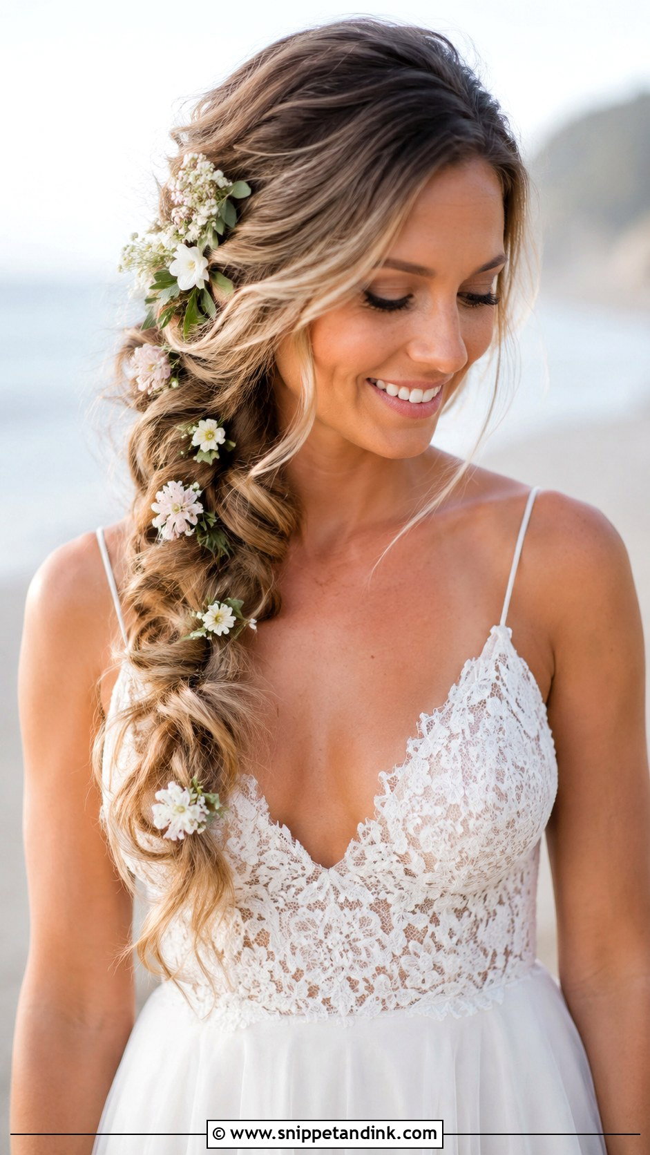 Side Braid With Waves - Snippet and Ink - 30 Wedding Hairstyles for Medium Hair