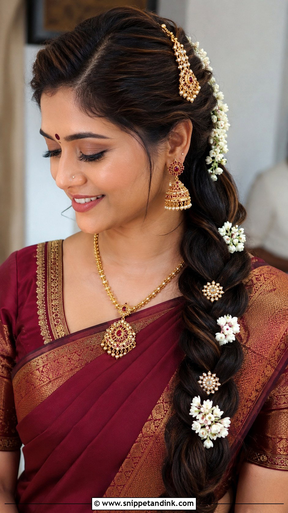 Side Braid with Temple Jewelry - Snippet and Ink - 25 South Indian Bride Muhurtham Hairstyle Ideas