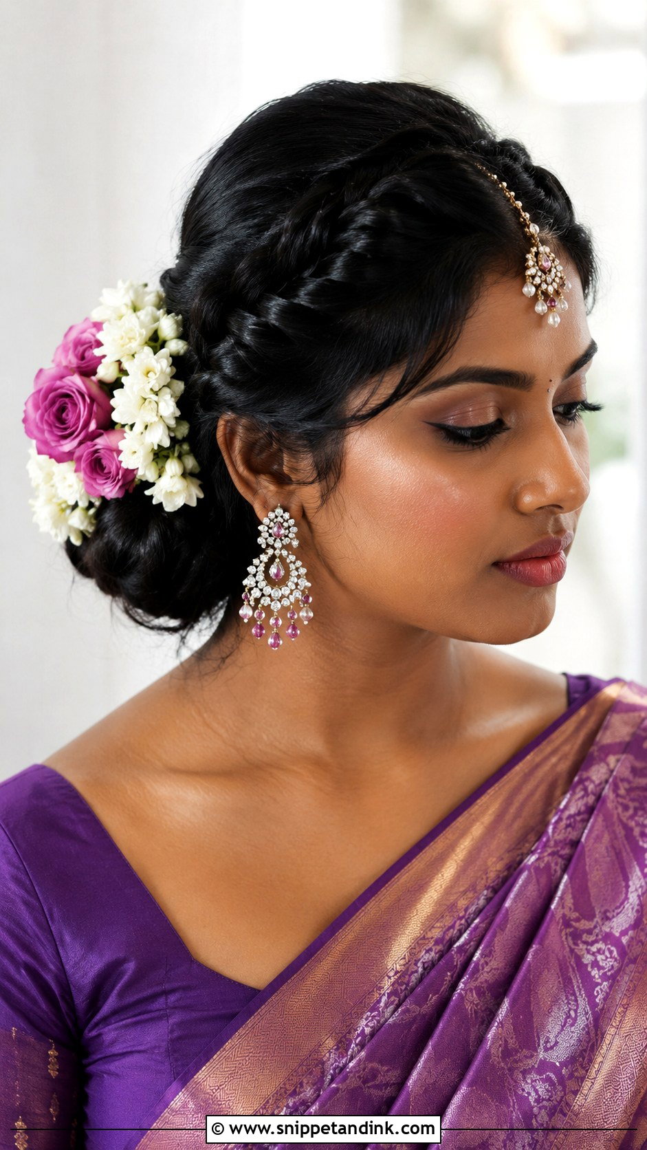 Side Braided Bun With Flowers - Snippet and Ink - 25 Short Hairstyle Women Indian Wedding Ideas