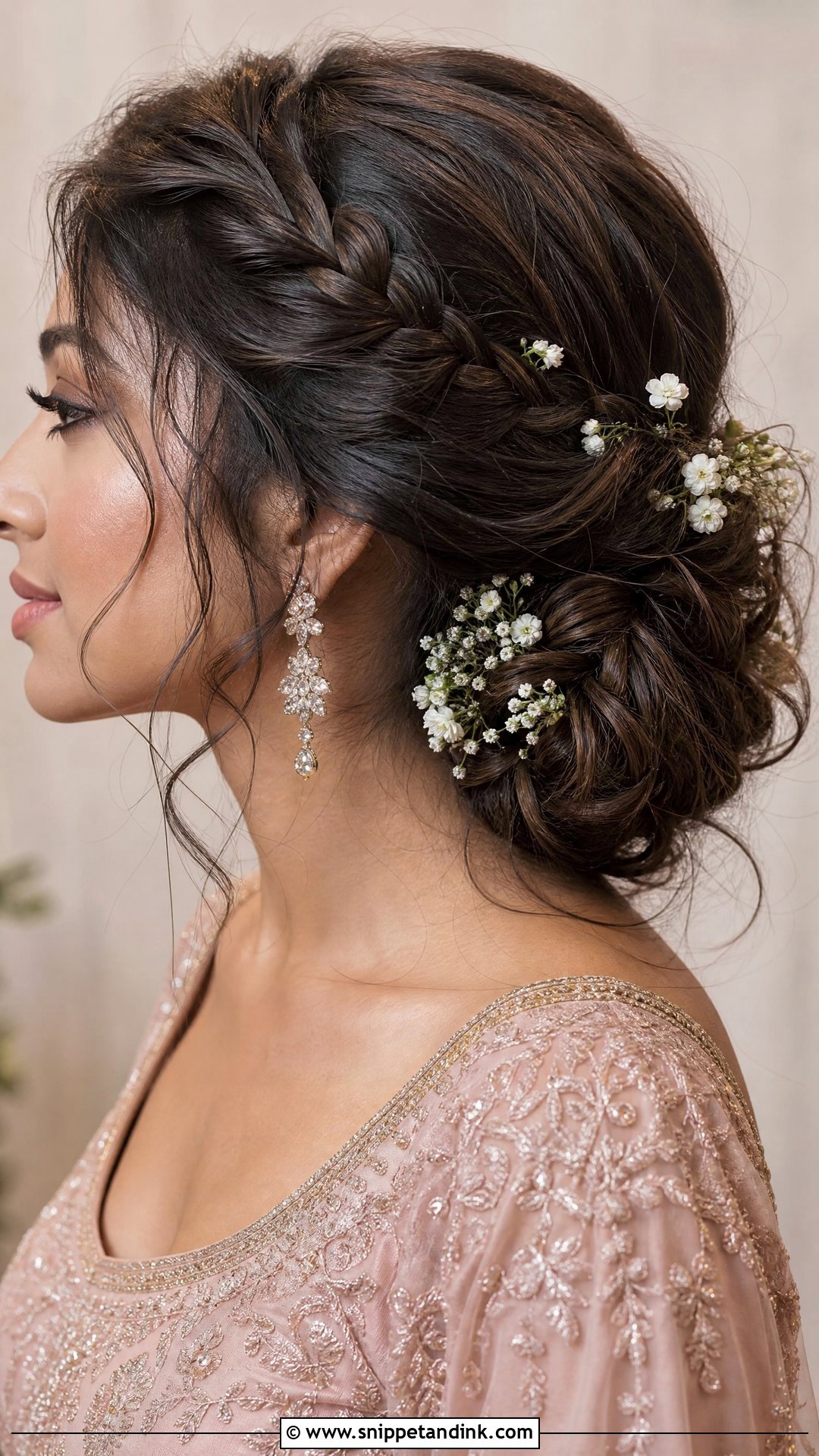 Side Braided Messy Bun - Snippet and Ink - 20 Indian Wedding Bun Hairstyle Ideas