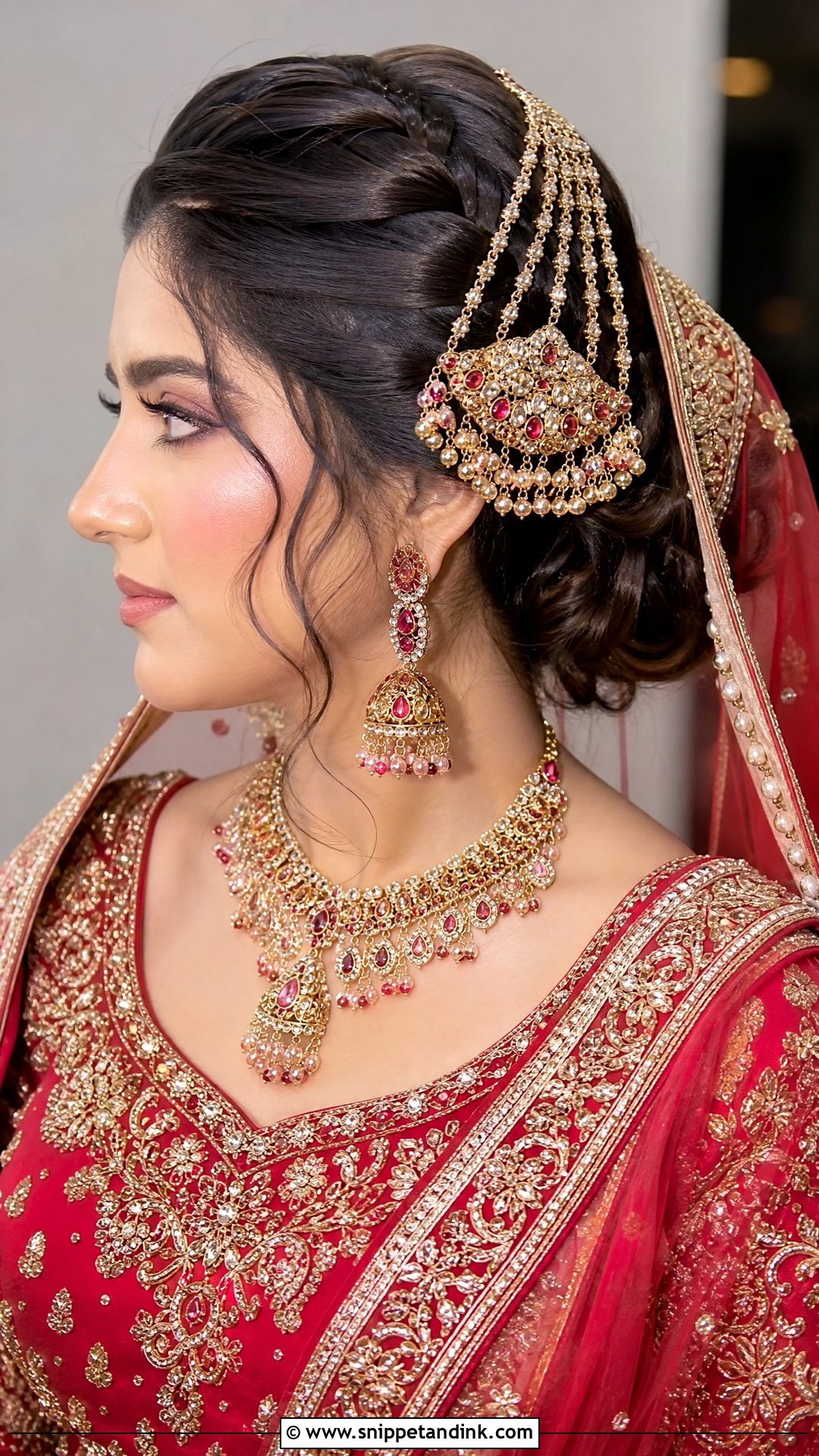 Side Braided Updo With Jhoomar - Snippet and Ink - 20 Pakistani Baraat Hairstyles