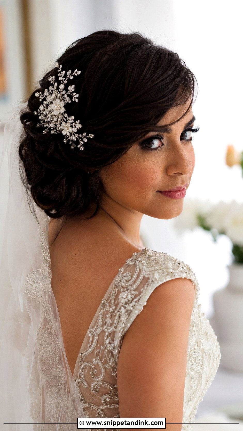 Side Bun Updo With Swept Bangs - Snippet and Ink - 20 Wedding Updo with Bangs Ideas