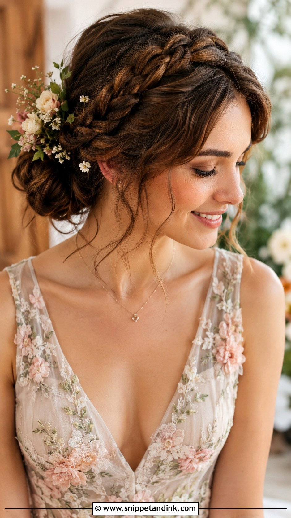 Side Bun With Braided Crown - Snippet and Ink - 25 Side Updo Wedding Hair Ideas