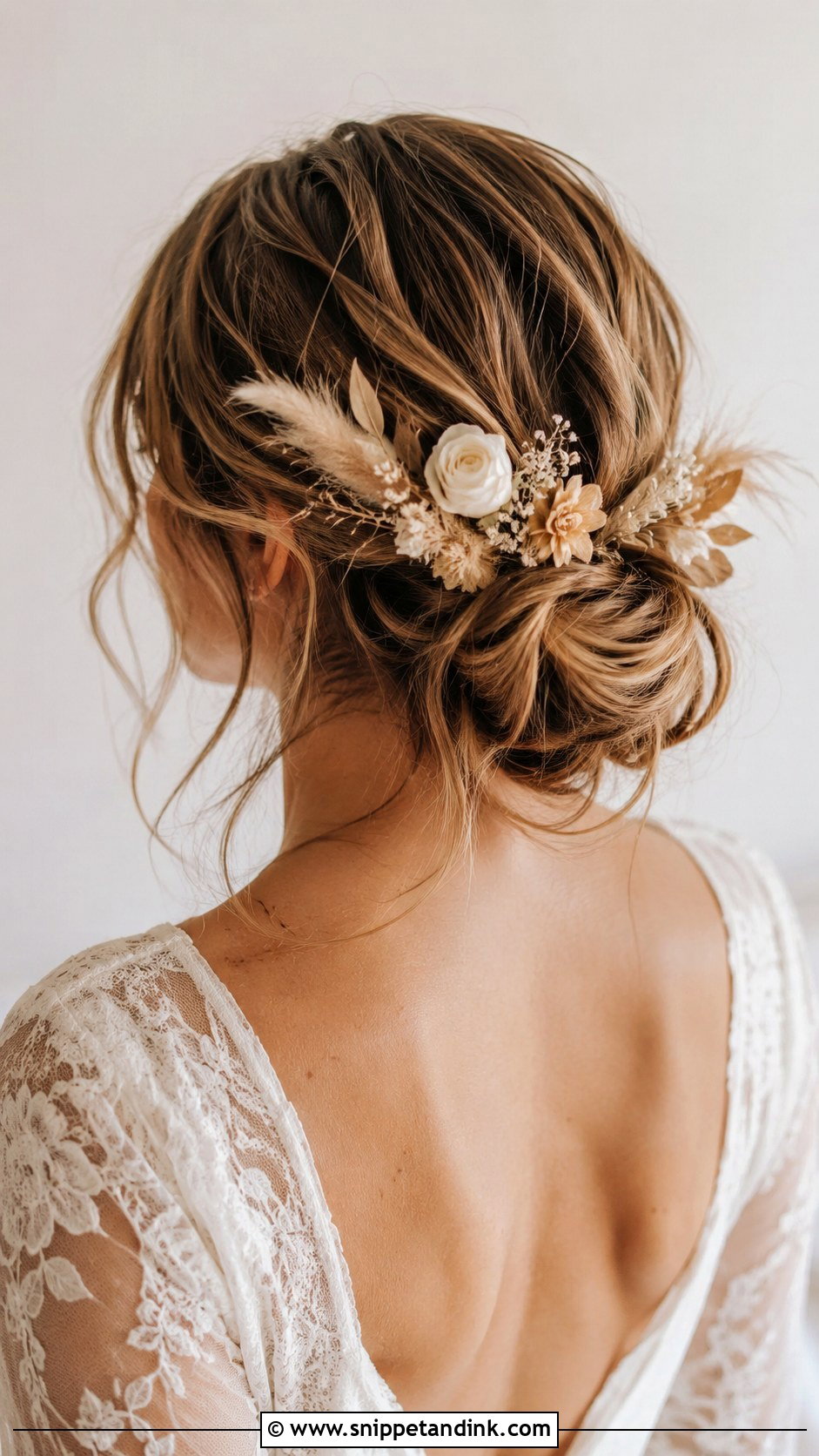 Side Bun With Cascading Flowers - Snippet and Ink - 20 Flower Bun Hairstyle Wedding Bride Ideas