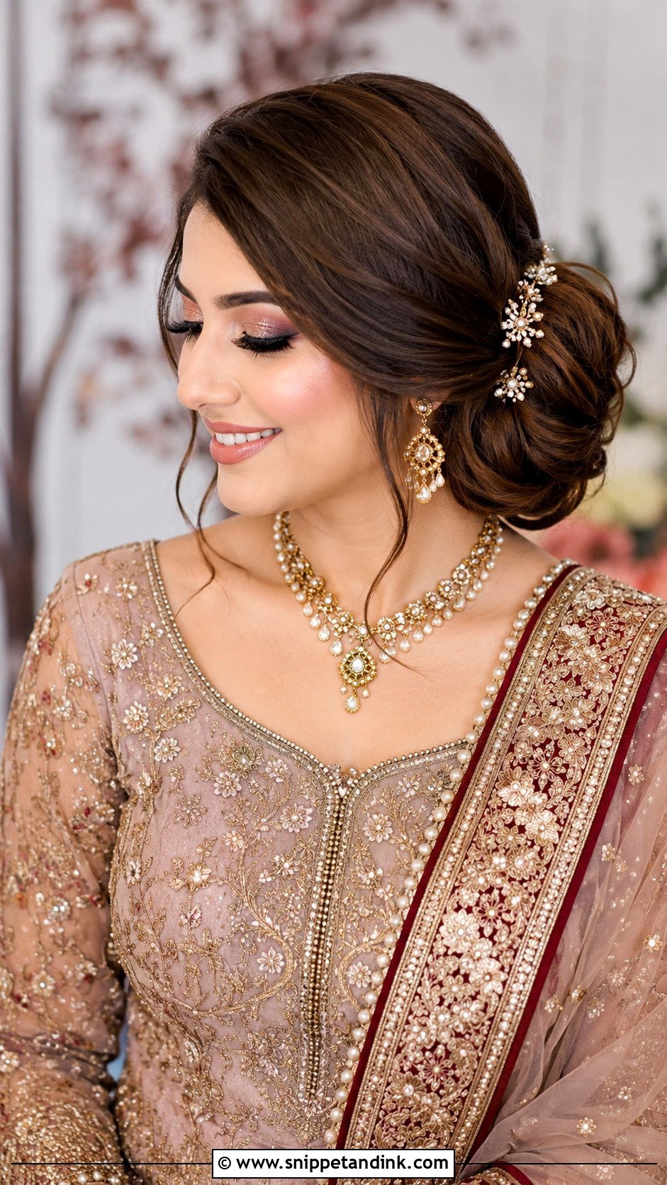 Side Bun With Embroidered Dupatta - Snippet and Ink - 20 Pakistani Bridal Hairstyles with Dupatta