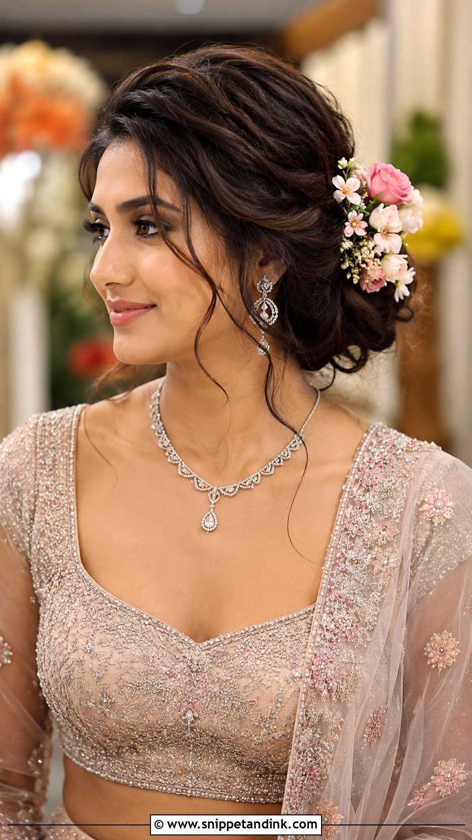 Side Bun With Floral Accents - Snippet and Ink - 30 Indian Hairstyles for Weddings
