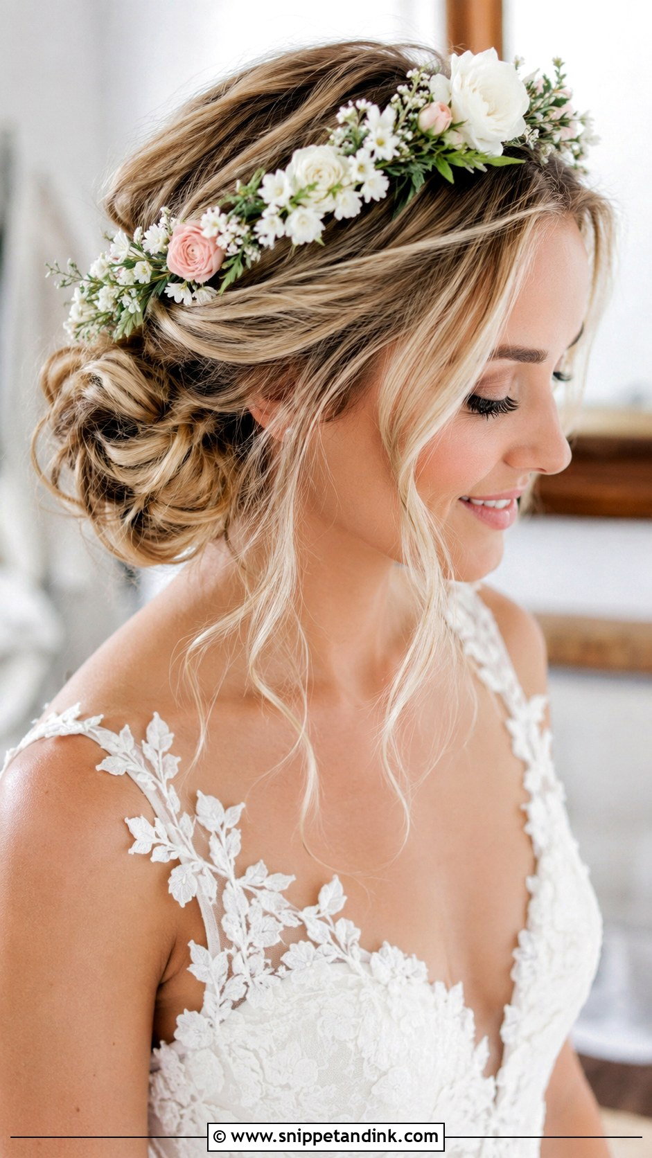 Side Bun With Flower Crown - Snippet and Ink - 20 Side Bun Hairstyles Wedding