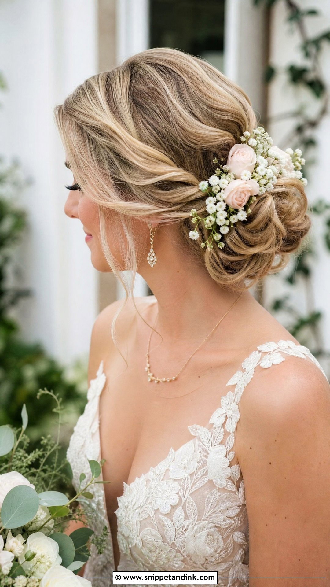 Side Bun With Flowers - Snippet and Ink - 25 Side Bun Wedding Hair Ideas