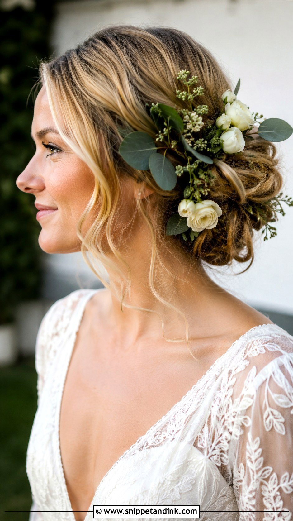Side Bun With Greenery And Florals - Snippet and Ink - 20 Side Bun Hairstyles Wedding